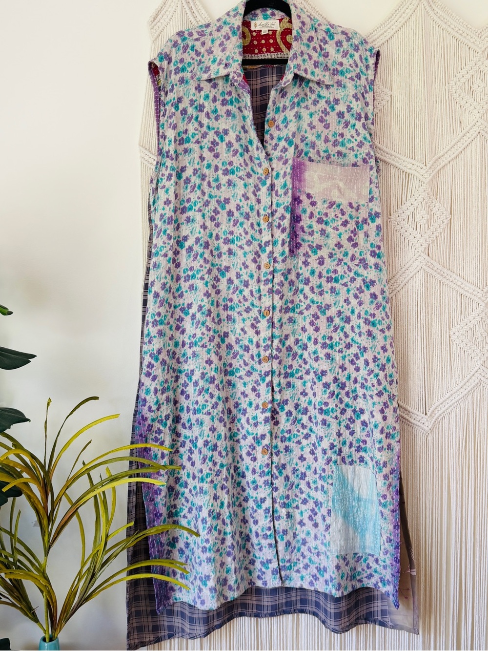 Kantha Bae Vintage Cotton Sari Floral Pastels Duster Dress Silk Back Vest OS